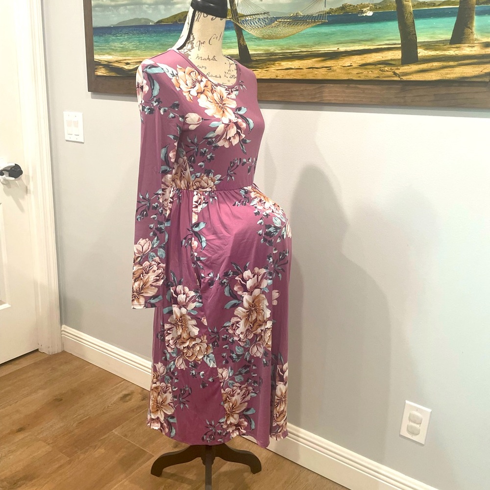 PinkBlush Maternity Dress long sleeves floral Small purple
